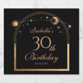 Hemelse Zwarte Gouden Zon Maan Sterren 30e Verjaar Sparkling Wijnetiket (Enkel label)