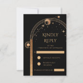 Hemelse Zwarte Gouden Zon Maan Sterren Huwelijk RSVP Kaartje (Voorkant)