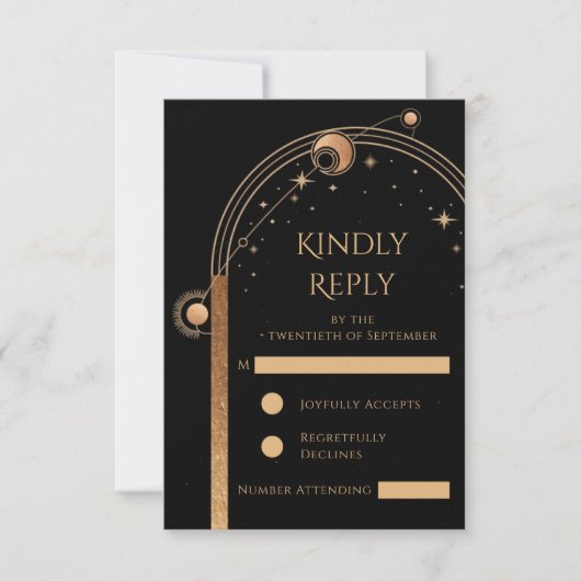 Hemelse Zwarte Gouden Zon Maan Sterren Huwelijk RSVP Kaartje (Voorkant)