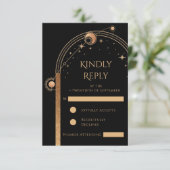 Hemelse Zwarte Gouden Zon Maan Sterren Huwelijk RSVP Kaartje (Staand voorkant)