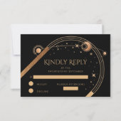 Hemelse Zwarte Gouden Zon Maan Sterren Huwelijk RSVP Kaartje (Voorkant)