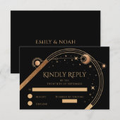 Hemelse Zwarte Gouden Zon Maan Sterren Huwelijk RSVP Kaartje (Voorkant / Achterkant)