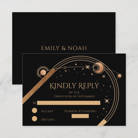 Hemelse Zwarte Gouden Zon Maan Sterren Huwelijk RSVP Kaartje (Voorkant / Achterkant)