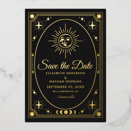 Hemelse Zwarte Tarot Trouwfoto Sla de datum op Folie Uitnodiging (Voorkant)