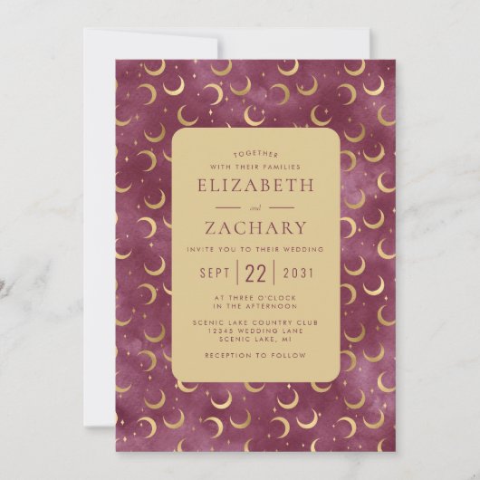Hemelvaart Waterverf Bourgondië Goud Moons Bruilof Kaart (Voorkant)