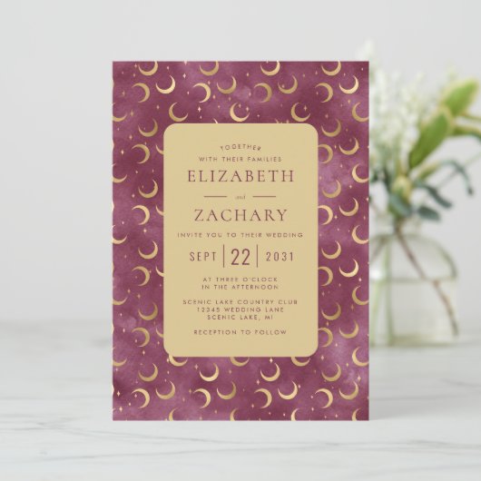 Hemelvaart Waterverf Bourgondië Goud Moons Bruilof Kaart (Staand voorkant)