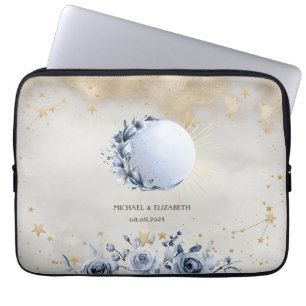 Hemelzon, Blauwe Maan Bloemen, Sterren Nachtlucht Laptop Sleeve