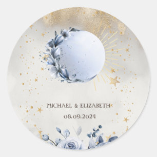 Hemelzon, Blauwe Maan Bloemen, Sterren Nachtlucht Ronde Sticker