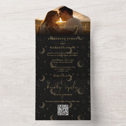 Hemelzwart en gouden foto-huwelijk all in one uitnodiging (Binnen)