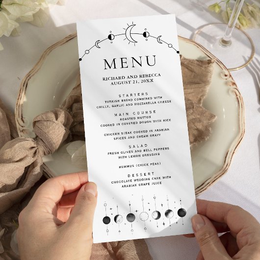 Hemelzwart wit halve maansfasen bruiloft menu