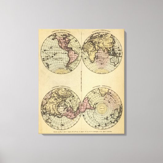 Hemispheres Handgekleurde atlaskaart Canvas Afdruk (Voorkant)