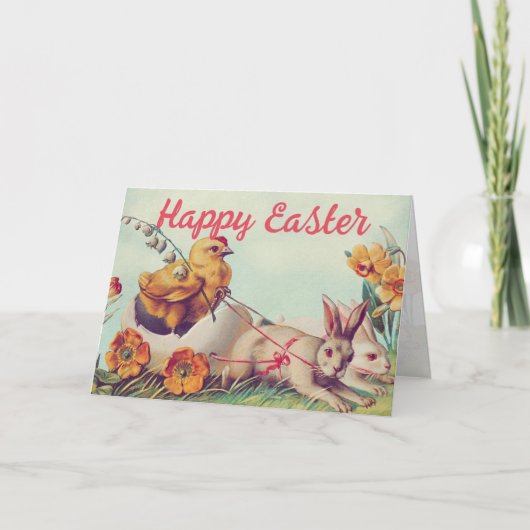  Hen en Bunny Carriage Pasen Feestdagen Kaart (Voorkant)
