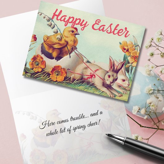  Hen en Bunny Carriage Pasen Feestdagen Kaart