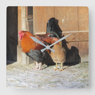 Hen en en Rooster Rustic Chicken Kitchen Clock Vierkante Klok