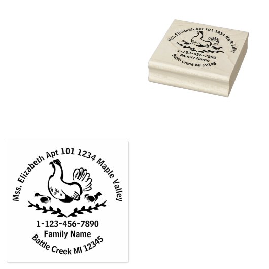 Hen met gele Chicken Line Art Home Contact Info Rubberstempel (Gestempeld)