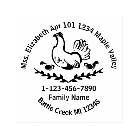 Hen met gele Chicken Line Art Home Contact Info Rubberstempel (Afrduk)