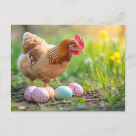 Hen Next to Easter Nest with Colorful Eggs Briefkaart