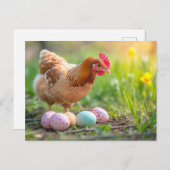 Hen Next to Easter Nest with Colorful Eggs Briefkaart (Voorkant / Achterkant)