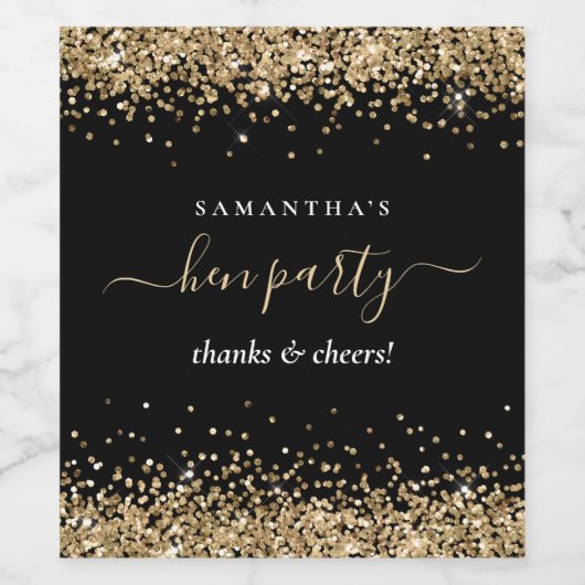 Hen Party Black Gold Glitter Name Bedankt Wijn Etiket (Enkel label)