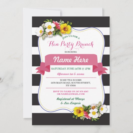 Hen Party Brunch Shower Stripe Floral Pink Invite Kaart (Voorkant)