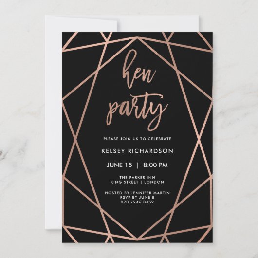Hen Party | Faux Roos Goud Geometrisch op Zwart Kaart (Voorkant)