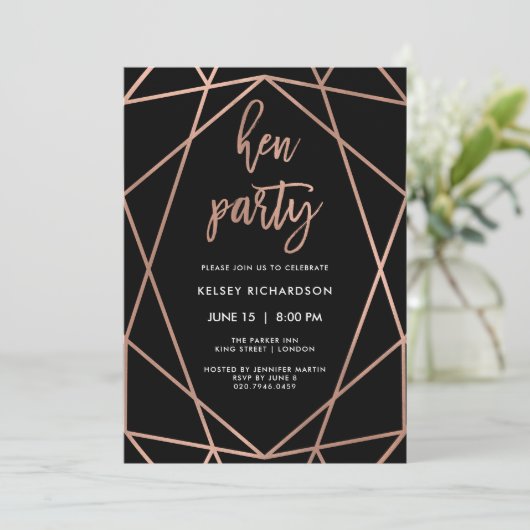 Hen Party | Faux Roos Goud Geometrisch op Zwart Kaart (Staand voorkant)