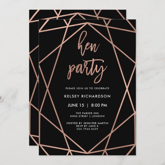 Hen Party | Faux Roos Goud Geometrisch op Zwart Kaart (Voorkant / Achterkant)