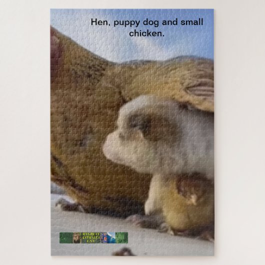 Hen, puppy hond ​​en kleine kip puzzel. legpuzzel (Verticaal)