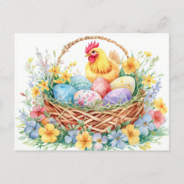 Hen stands beside an Easter nest filled with eggs Briefkaart