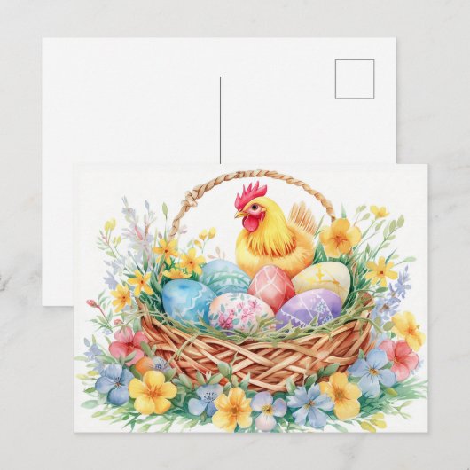 Hen stands beside an Easter nest filled with eggs Briefkaart (Voorkant / Achterkant)