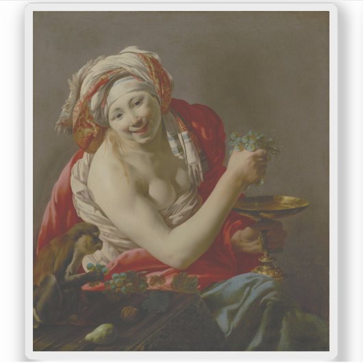 Hendrick ter Brugghen - Bacchante met een aap Sticker (Voorkant)