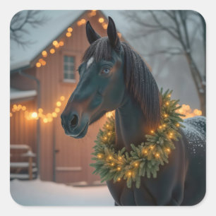 hengst met kerstkrans vierkante sticker