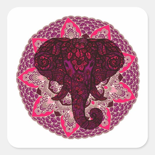 Henna Elephant Head Mandala Pink Mehndi Tattoo Vierkante Sticker (Voorkant)
