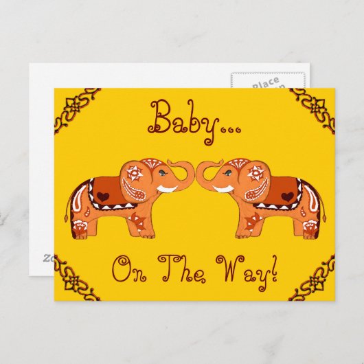 Henna Elephant (Oranje/rood) (Baby shower) Uitnodiging Briefkaart (Voorkant / Achterkant)