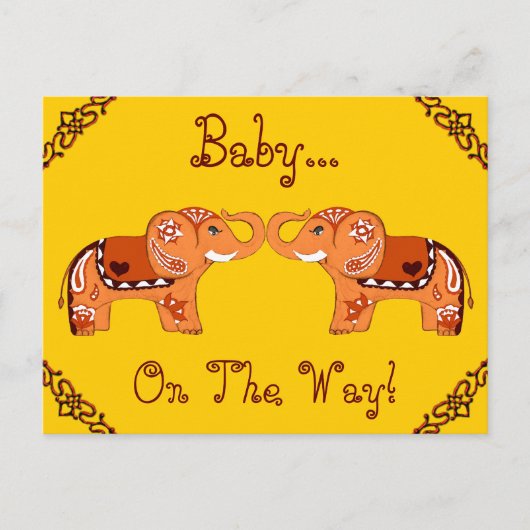 Henna Elephant (Oranje/rood) (Baby shower) Uitnodiging Briefkaart (Voorkant)