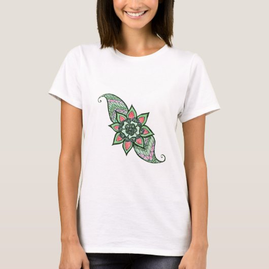 Henna geïnspireerd ontwerp in roze en groen shirt (Voorkant)