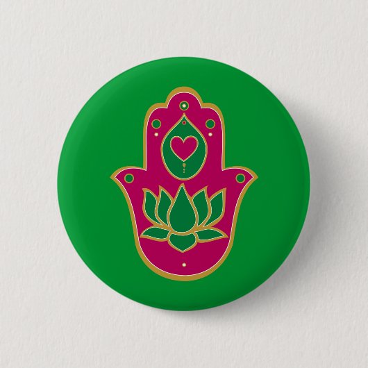 Henna Hamsa Lotus Green & Pink Ronde Button 5,7 Cm (Voorkant)