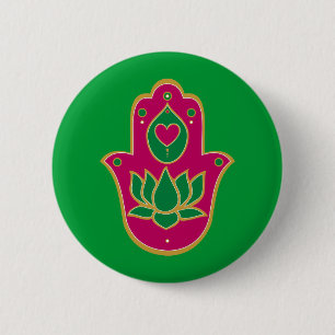 Henna Hamsa Lotus Green & Pink Ronde Button 5,7 Cm