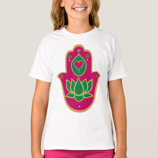 Henna Hamsa Lotus Green & Pink T-shirt (Voorkant)
