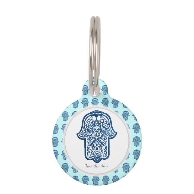 Henna Hand van Hamsa (blauw) Huisdierpenning (Voorkant)