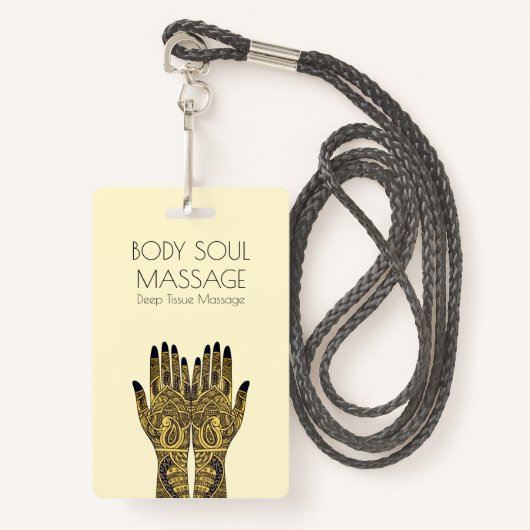 Henna Mehndi geeft massagebedrijf handen Badge (Voorkant met draagriem)