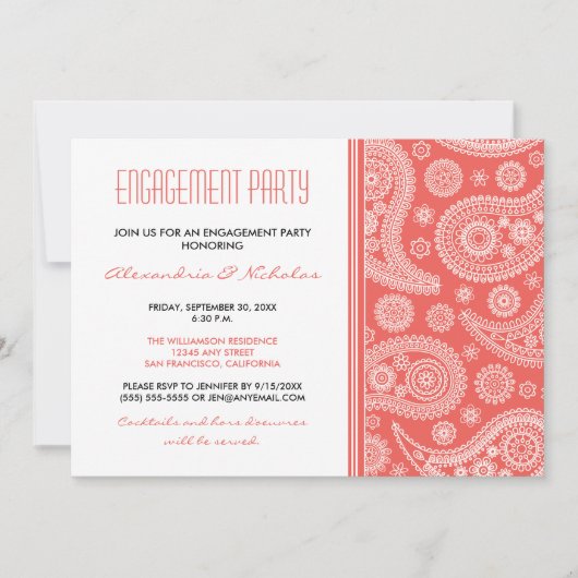 Henna Paisley Engagement Party Invitation (koraal) Kaart (Voorkant)
