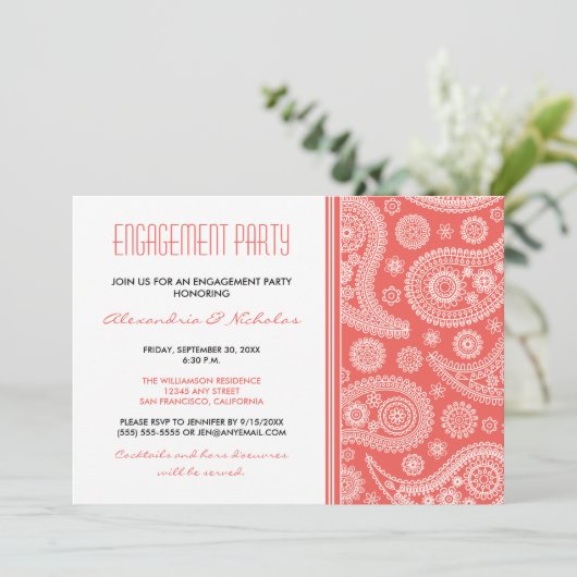 Henna Paisley Engagement Party Invitation (koraal) Kaart (Staand voorkant)