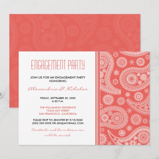 Henna Paisley Engagement Party Invitation (koraal) Kaart (Voorkant / Achterkant)