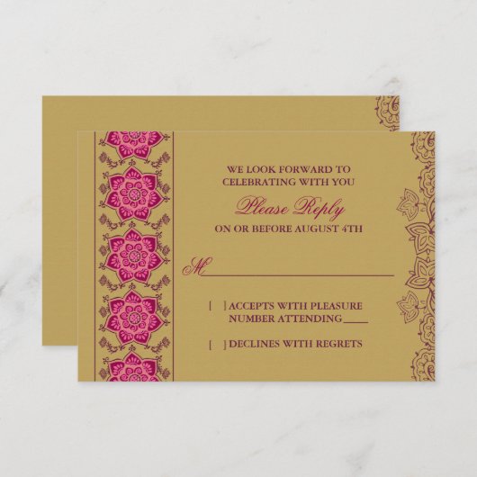 Henna Raisin Roze Gouden Indische Bruiloft RSVP An (Voorkant / Achterkant)