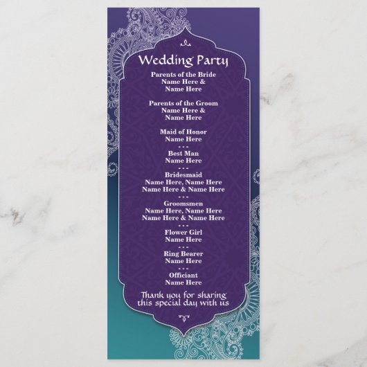 Henna Style Jewel Arabian Nights Wedding Program Programmakaart (Achterkant)