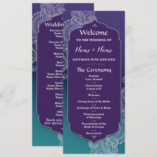 Henna Style Jewel Arabian Nights Wedding Program Programmakaart (Voorkant / Achterkant)