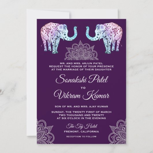 Henna Tattooed Elephants Indian Wedding Invitation Kaart (Voorkant)