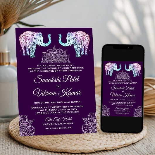 Henna Tattooed Elephants Indian Wedding Invitation Kaart