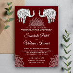 Henna Tattooed Elephants Indian Wedding Invitation Kaart<br><div class="desc">Verrijk je gasten met deze traditionele trouwuitnodiging met een elegante hennekunst en prachtig versierde olifanten tegen een donkere rode achtergrond. Voeg eenvoudig uw gebeurtenisdetails op deze makkelijk te gebruiken sjabloon toe om het één-van-een-soort uitnodiging te maken. Deze kaart is volledig aanpasbaar. Alle teksten zijn editable en de achtergrondkleur kan gemakkelijk...</div>